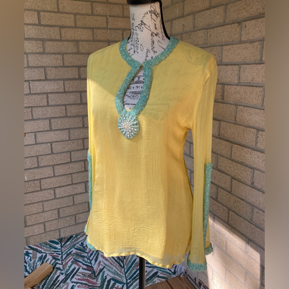 Jeannie Mcqueeny 100% Silk Yellow Blouse Blue Beaded Sunburst & Sleeve Detail - Picture 17 of 17